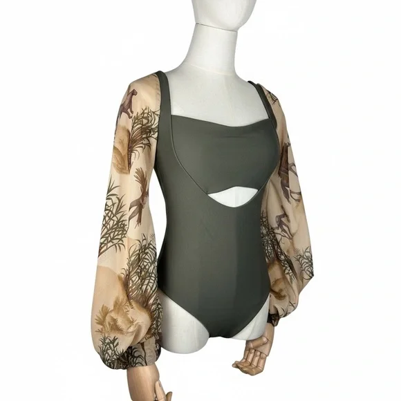 Elegant Olive Bodysuit with Printed Sleeves - Picture 11 of 11
